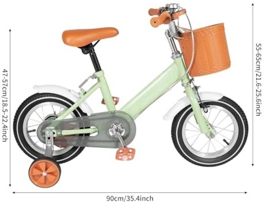 Kinderfiets 12 Inch met Mand en Stabilisatoren Groen Geel Roze