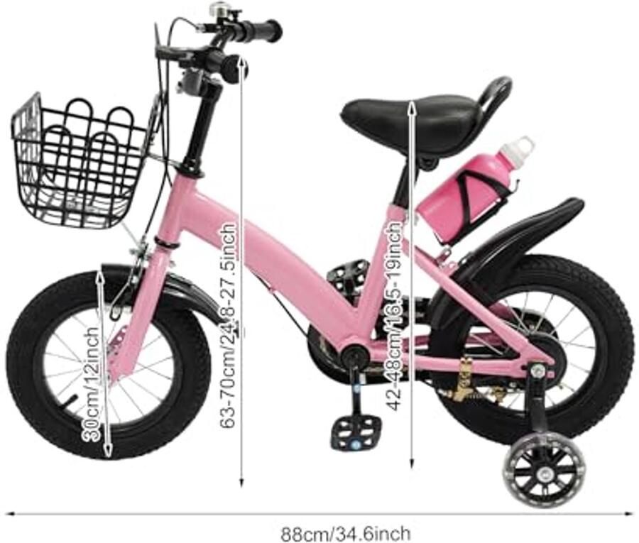 Kinderfiets 12 Inch met Steunwielen en Drankfles voor Meisjes
