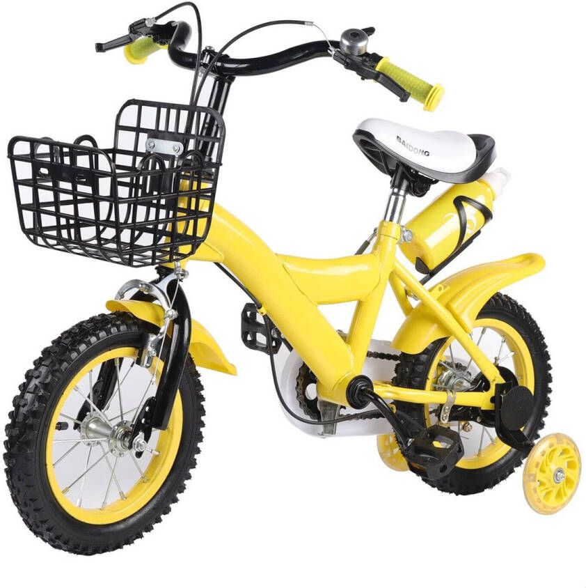 Kinderfiets 12 inch Met Zijwieltjes Met dje Met Fleshouder Koolstofstaal Frame Voor Stabiliteit Geel