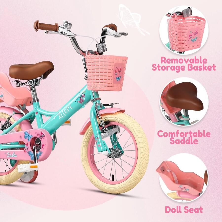 Kinderfiets 12 inch retro-vintage-stijl groen met steunwielen voor meisjes van 2-4 jaar ShopVlot