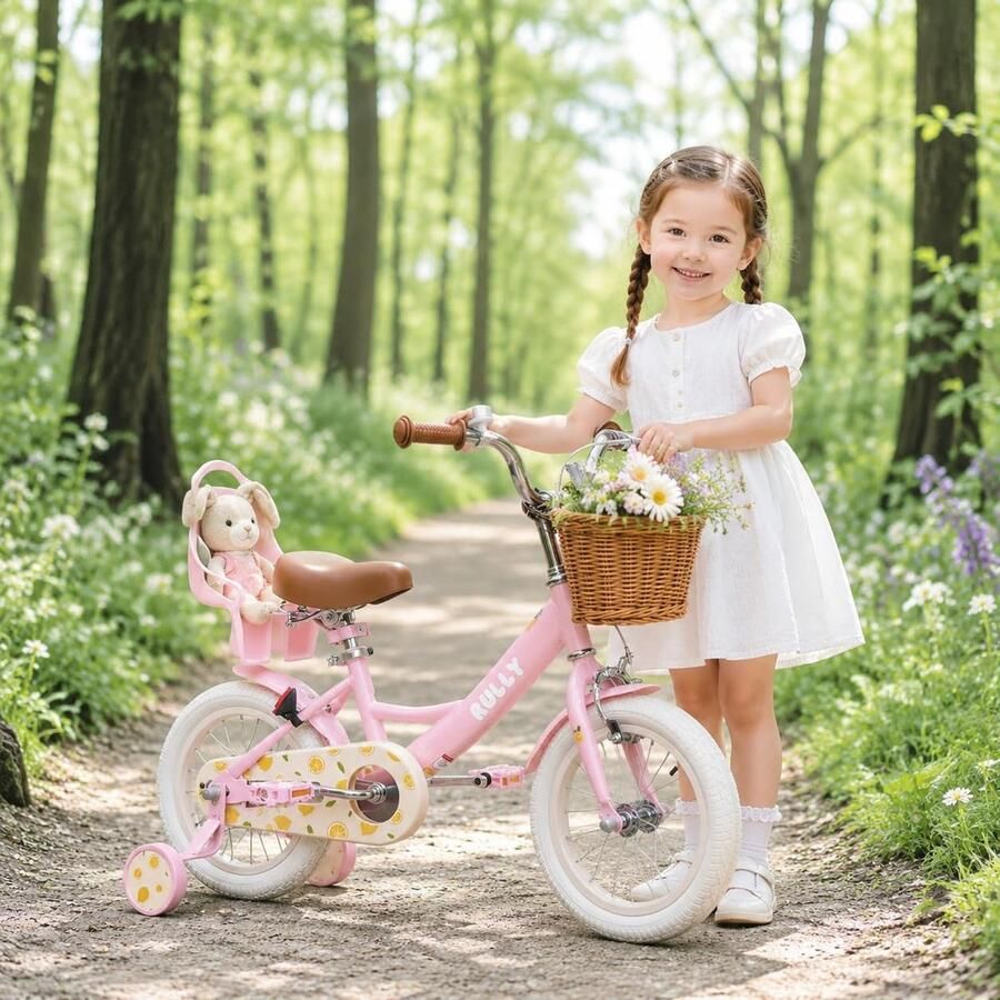 Kinderfiets 12 inch Roze meisjesfiets met steunwielen Inclusief mand en poppenzitje Voor meisjes van 2-4 jaar ShopVlot