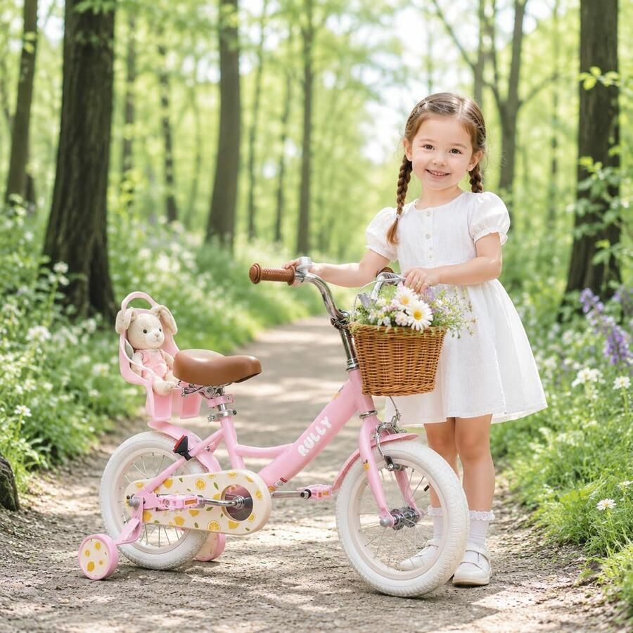 Kinderfiets 12 inch Roze meisjesfiets met steunwielen Inclusief mand en poppenzitje Voor meisjes van 2-4 jaar Luxento