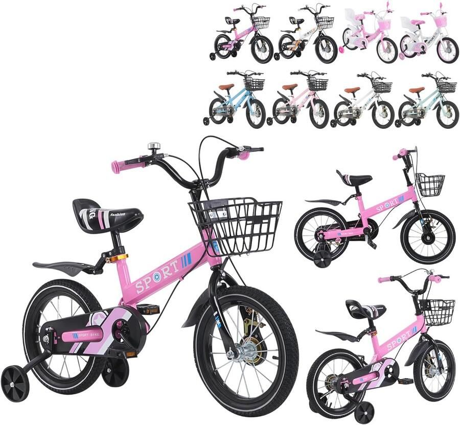 Kinderfiets 12 14 16 inch met mand en steunwielen voor kinderen van 2 tot 8 jaar