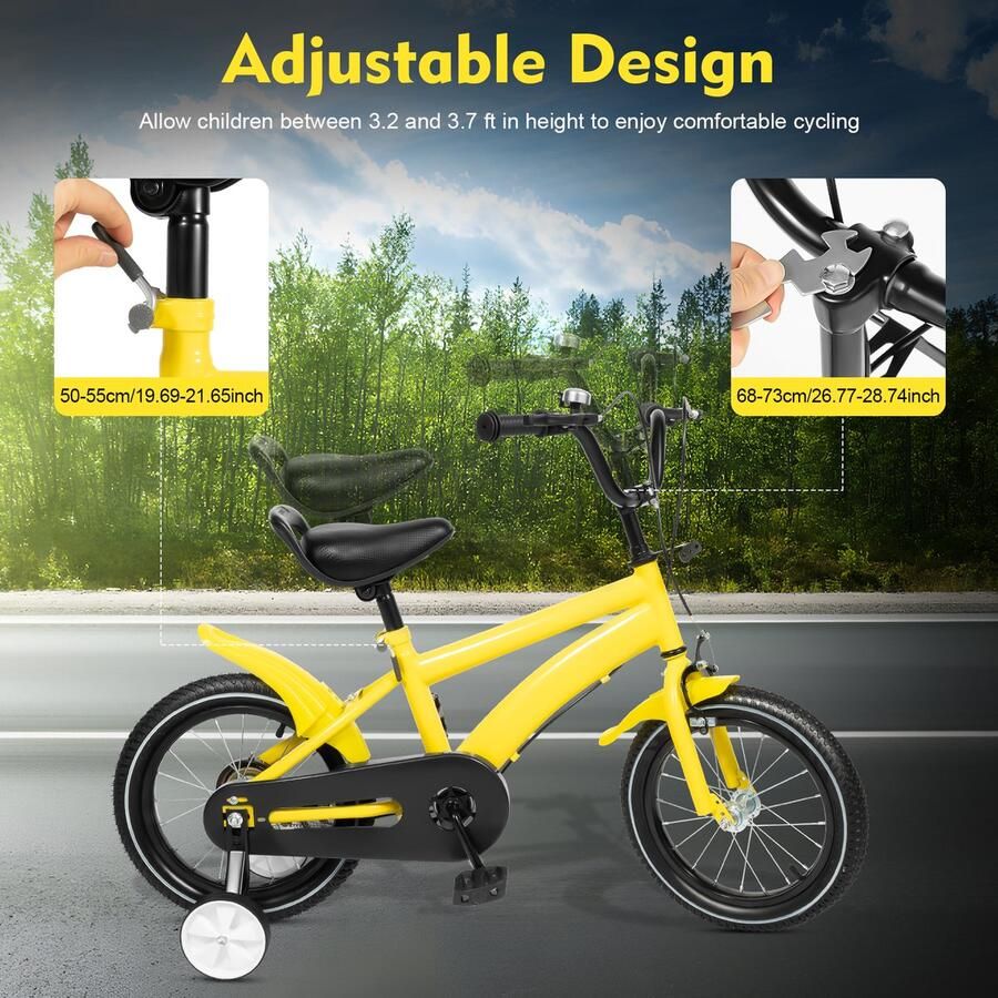 Kinderfiets 14 Inch Geel Met Zijwieltjes Stalen Frame Voor Kinderen 2-4 Jaar Compacte Fiets - Foto 3