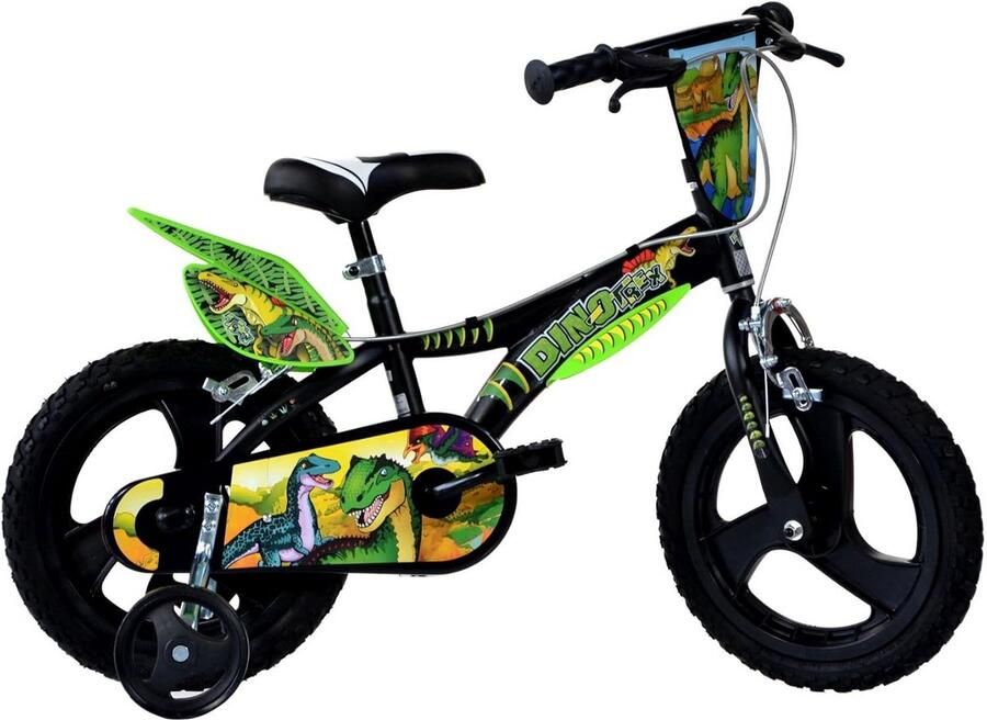 Kinderfiets 14 Inch Groen met Dinosaurus Thema voor Jongens