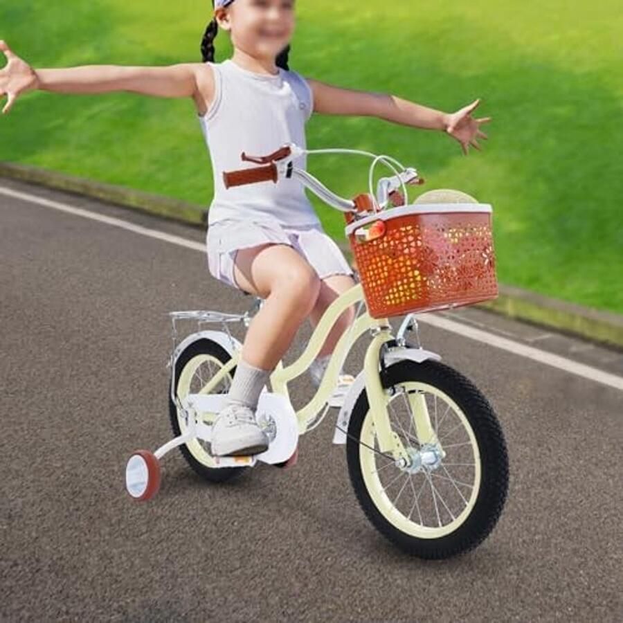 Kinderfiets 14 inch In hoogte verstelbaar met steunwielen en d Blauw paars beige