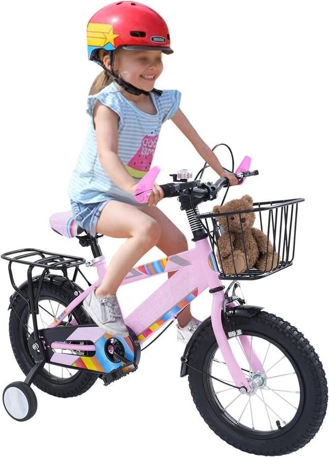 Kinderfiets 14 Inch Fiets met Zijwieltjes d en Bagagedrager Verstelbaar
