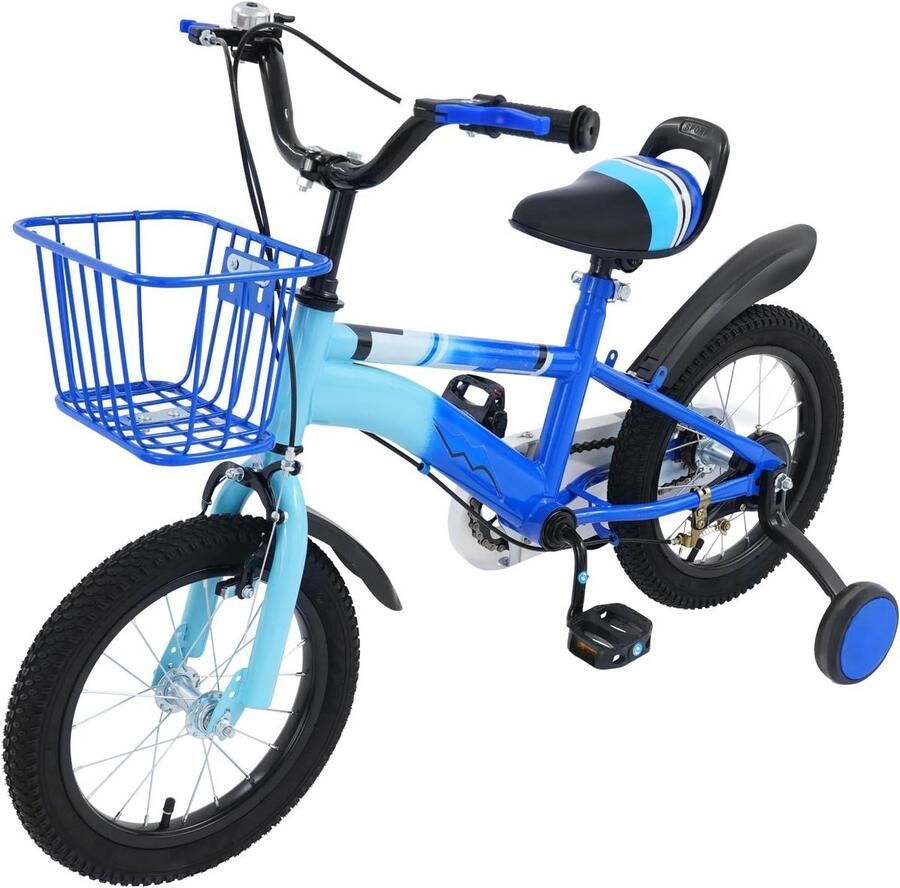 Kinderfiets 14 inch Jongensfiets 3 tot 6 Jaar met Zijwieltjes en Dubbele Rem Blauw