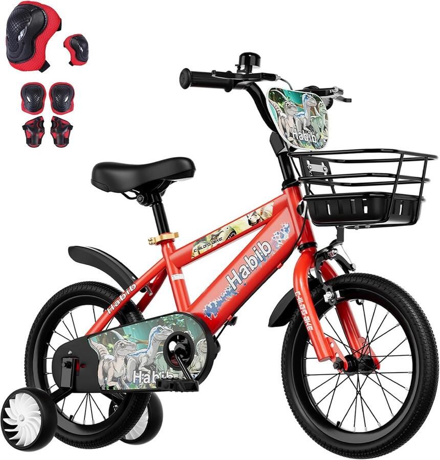 Kinderfiets 14 inch jongensfiets met zijwielen en beschermingsset dinosaurus thema rood