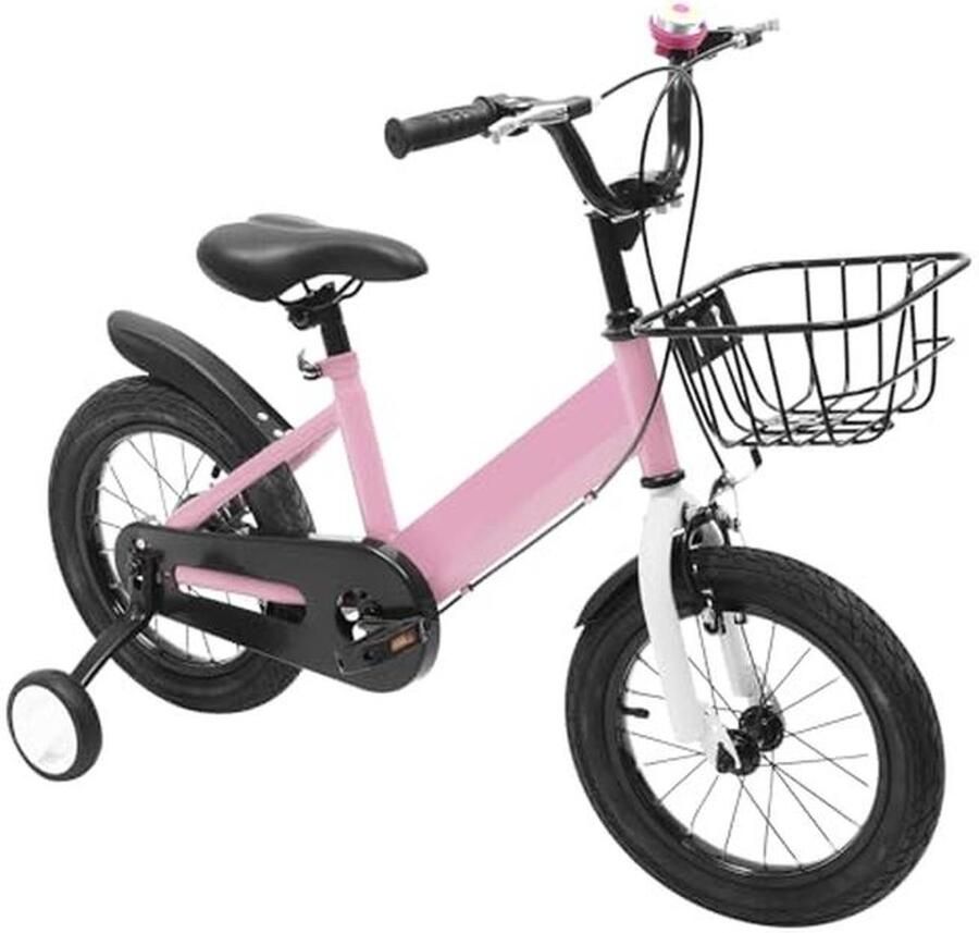 Kinderfiets 14 inch Jongensmeisjesfiets Leren Fietsen Inclusief mand steunwielen Verstelbaar 50-60cm Roze