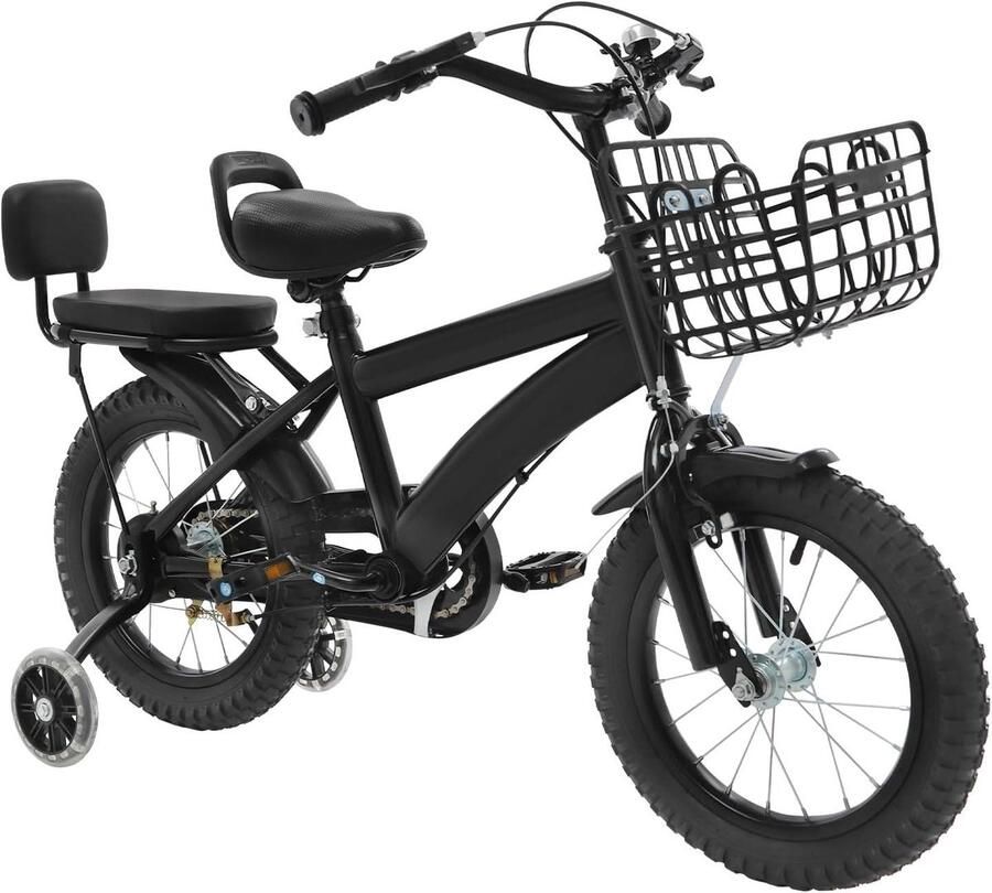 Kinderfiets 14 inch Loopfiets met steunwielen Eerste fietservaring Stevig stalen frame 14 Inch Zwart