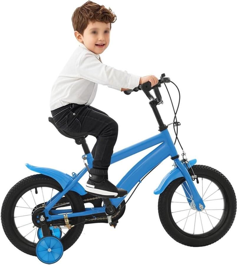 Kinderfiets 14 inch Loopfiets met steunwielen Kind leren fietsen In hoogte verstelbaar 14 inch Blauw zwart