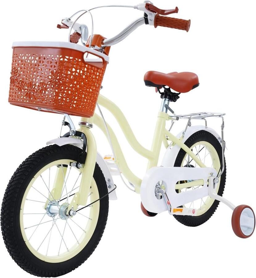 Kinderfiets 14 inch Loopfiets met steunwielen Leren fietsen Frame van koolstofstaal 14 Inch Beige