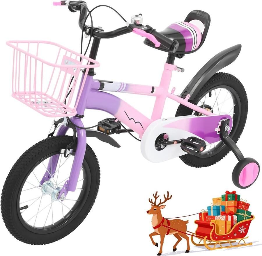 Kinderfiets 14 Inch Loopfiets met zijwielen Leren fietsen Dubbele rem 14 inch Paars