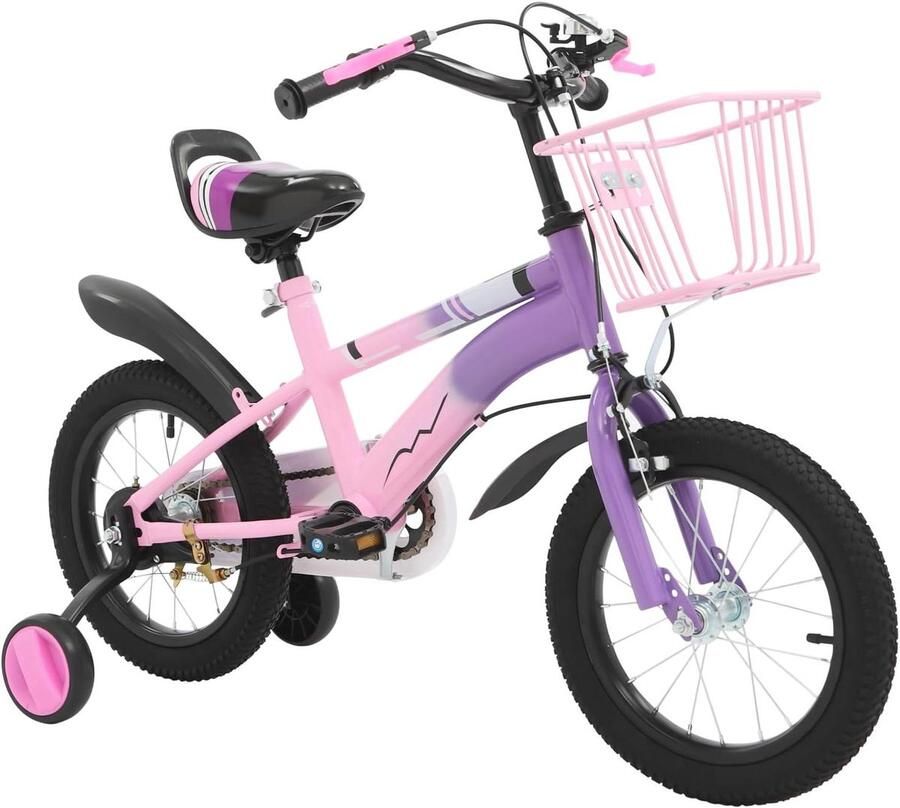 Kinderfiets 14 inch Meisjesfiets Steunwielen Leren Fietsen Dubbel Remsysteem 95-105 cm Lichaamslengte Paars