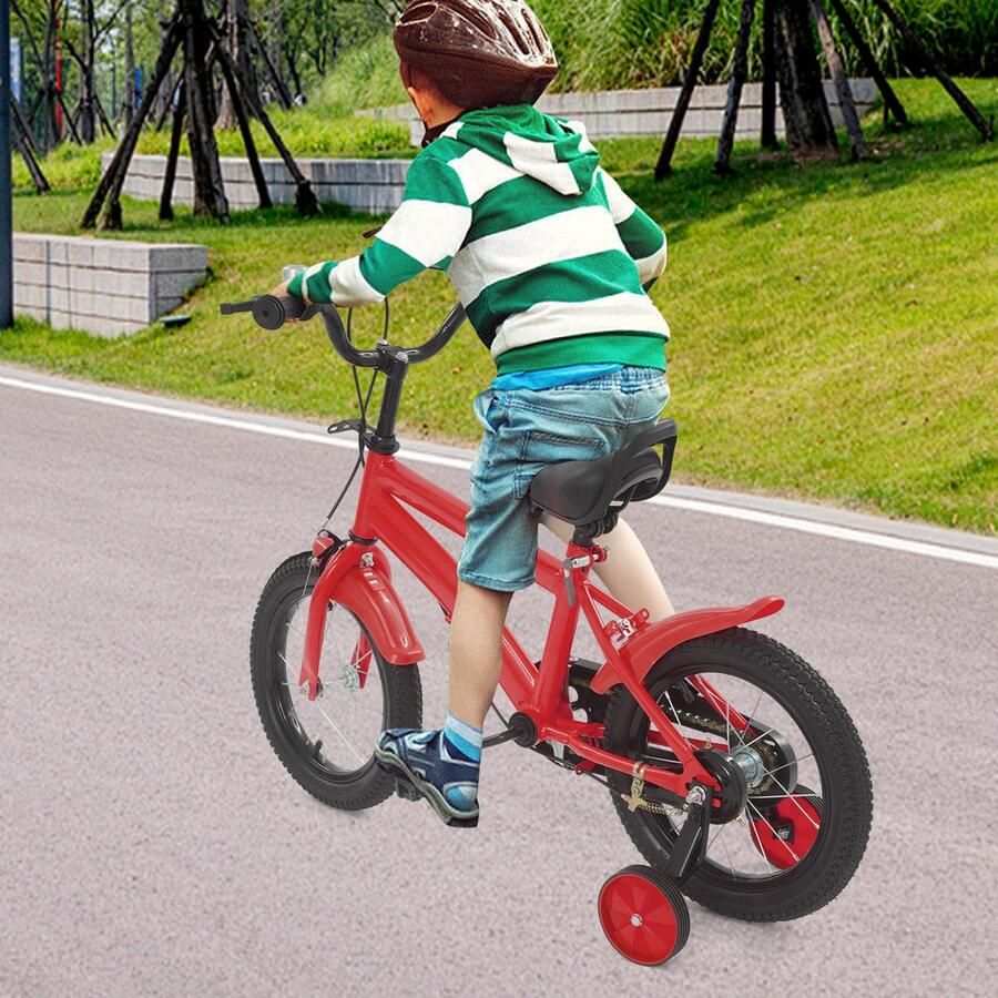 Kinderfiets 14 Inch Rood Met Verstelbare Zijwieltjes Oefenfiets Unisex Fiets Voor Kinderen Stadsfiets