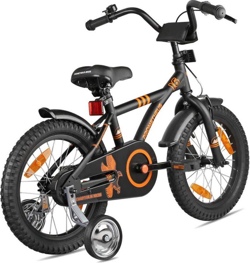 Kinderfiets 16 inch fiets van 5 jaar oude met zijwieltjes terugtraprem in zwart mat oranje BMX