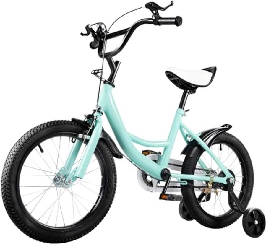 Kinderfiets 16 inch met dubbele rem en steunwielen in hoogte verstelbaar voor kinderen van 5 tot 8 jaar groen