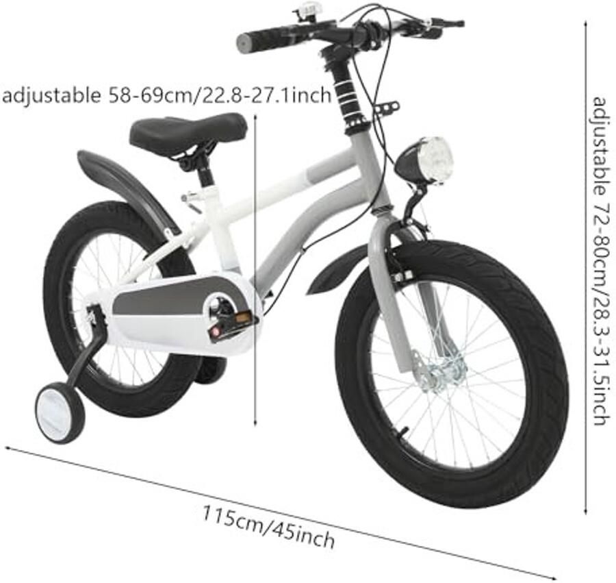 Kinderfiets 16 Inch Met Steunwielen en LED Licht Verstelbare Hoogte 58-69 cm