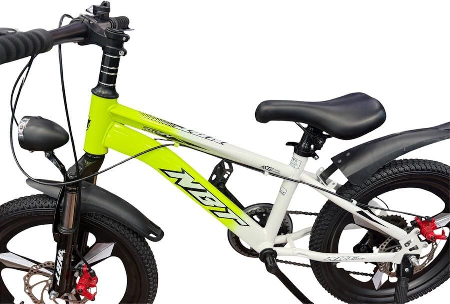 Kinderfiets 18 inch Neon Geel en Wit met Schijfremmen en Vering Mountainbike voor Kinderen