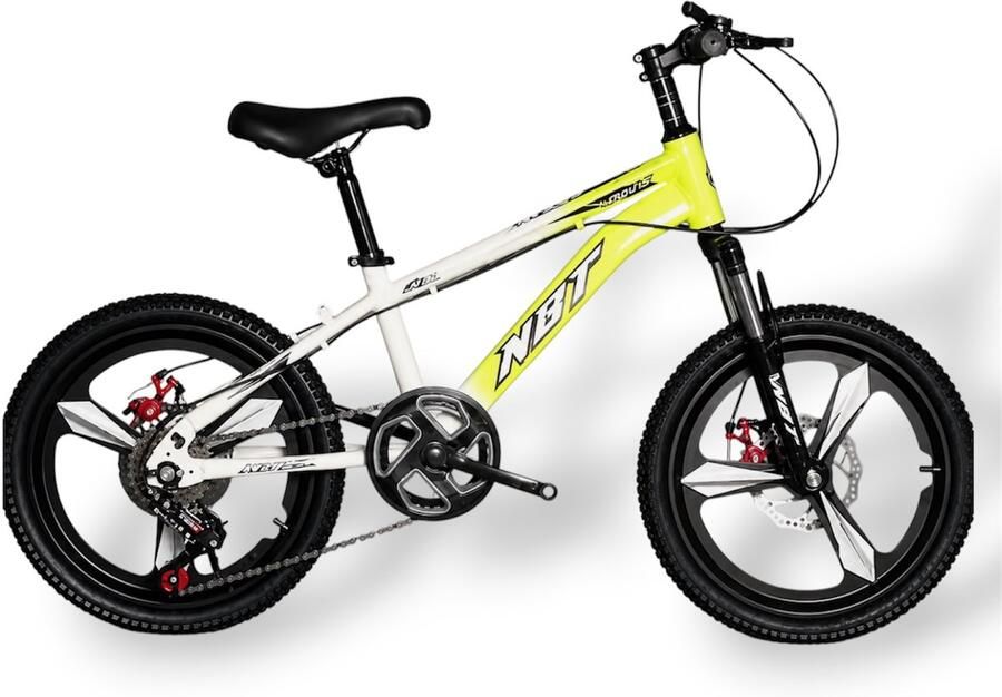 Kinderfiets 18 inch Neon Geel en Wit met Schijfremmen en Vering Mountainbike voor Kinderen kinderfiets 5 6 & 7 jaar