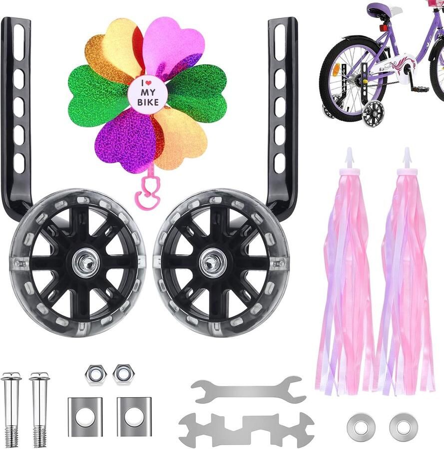 Kinderfiets 2 stuks universele steunwielen kinderfietsen met moersleutel en windmolen verstelbare fietssteunwielen voor kinderen 12 14 16 18 20 inch