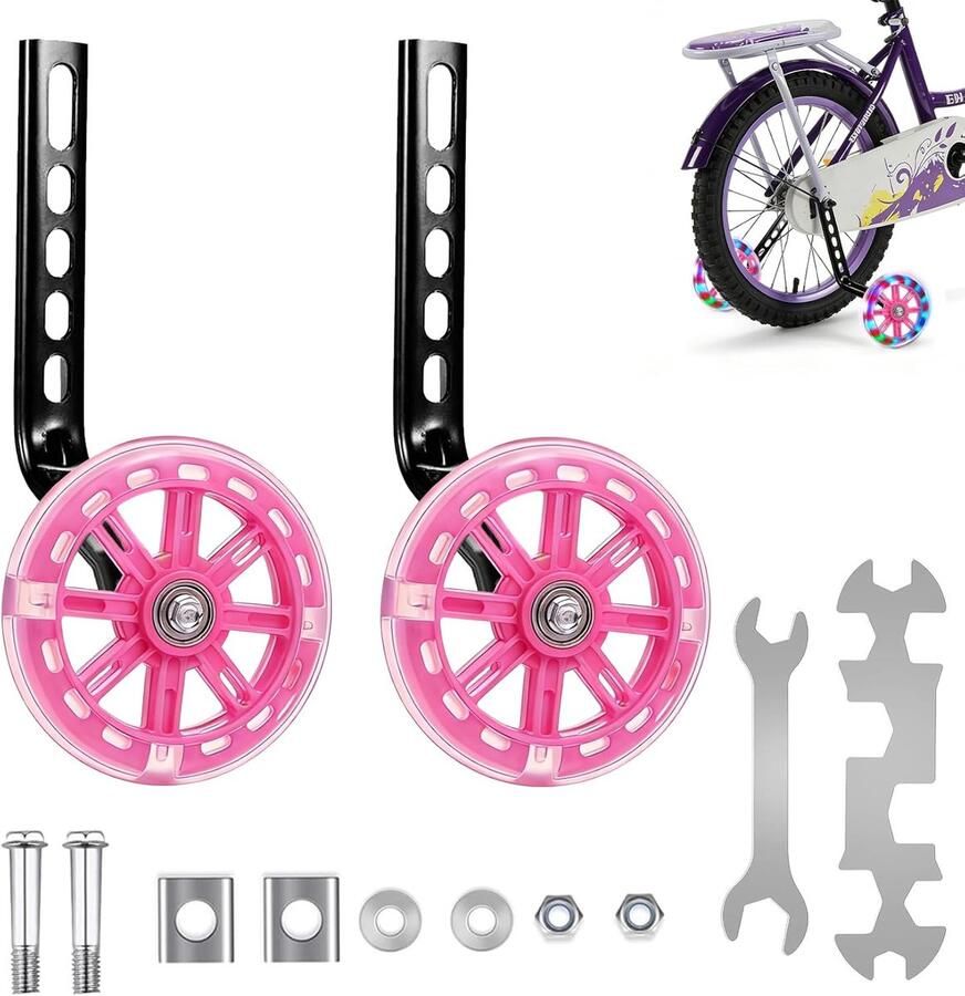 Kinderfiets 2 stuks universele steunwielen verstelbare hulpwielen veiligheidssteunwielen met Mute Flash wielen voor 12 14 16 18 20 inch Single Speed Bike (roze)