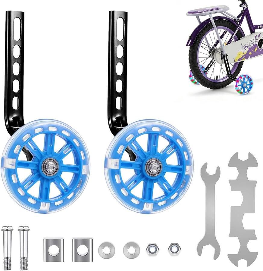 Kinderfiets 2 stuks universele steunwielen verstelbare hulpwielen veiligheidssteunwielen met Mute Flash wielen voor 12 14 16 18 20 inch Single Speed Bike (blauw)