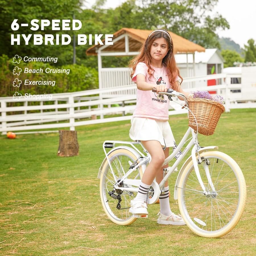 Kinderfiets 20 inch hybride meisjes cruiser met rieten mand ideaal voor tieners ShopVlot