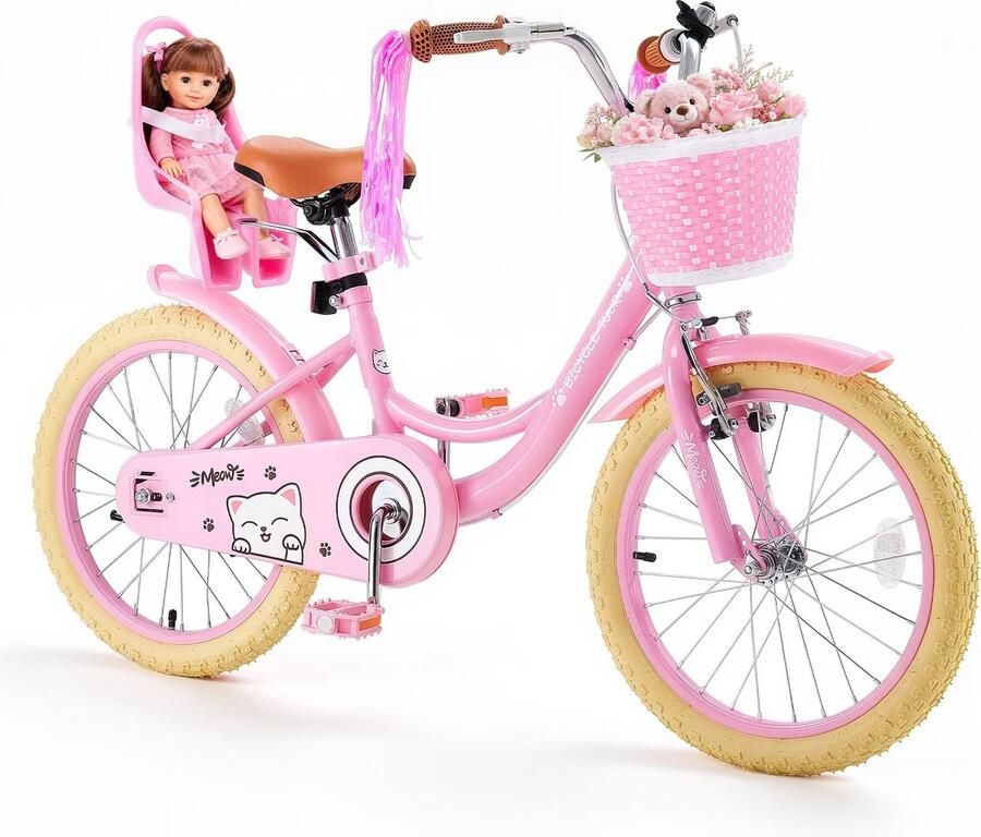 Kinderfiets 45 7 cm racefiets Voor meisjes van 5-8 jaar Stalen frame Dubbele remmen Verstelbaar zadel Met poppenzitje en mandje Roze