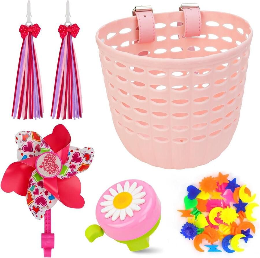 Kinderfiets Accessoires Set Fiets Decoratie Set Fietsen Versieren Compleet met Mand en Bel S Roze