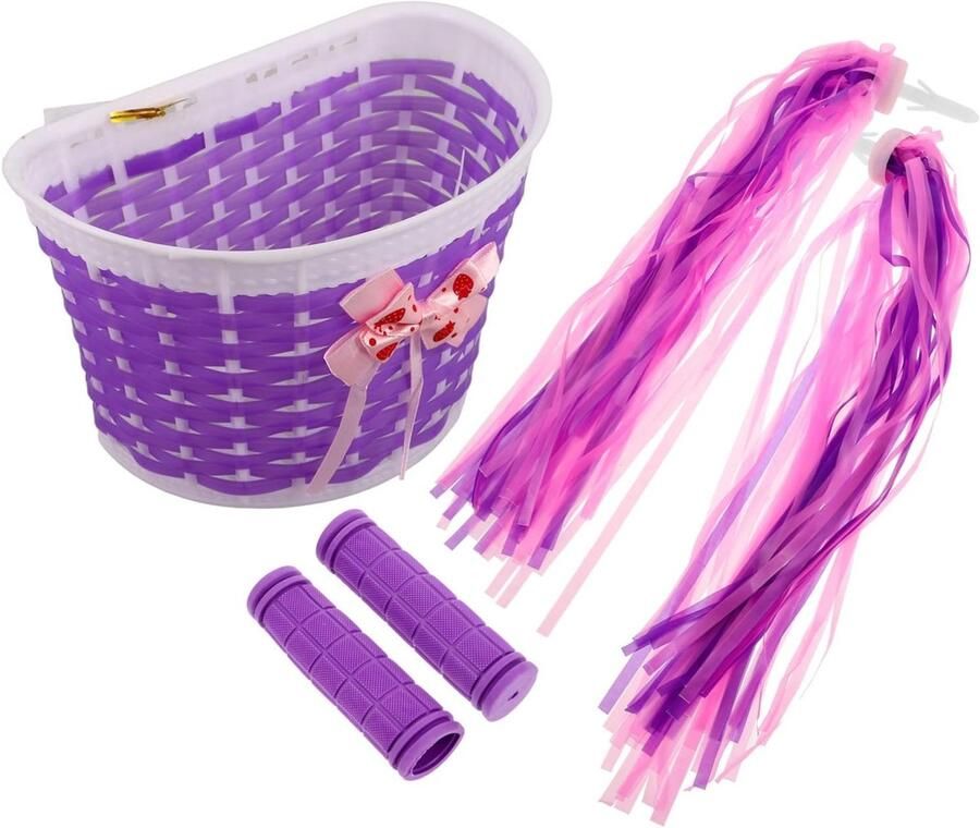 Kinderfiets Accessoireset Fietsdecoratie Set Fiets Versieren Geweven Mand en Streamers 20 cm Lengte Paars
