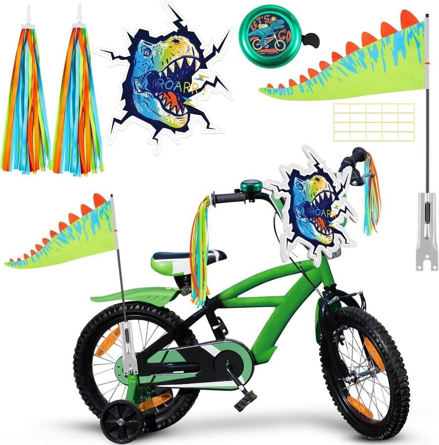 Kinderfiets Decoratie Set Dinosaurus Accessoires Fiets Opvrolijken Compleet met Bel 6 Delig Zilver