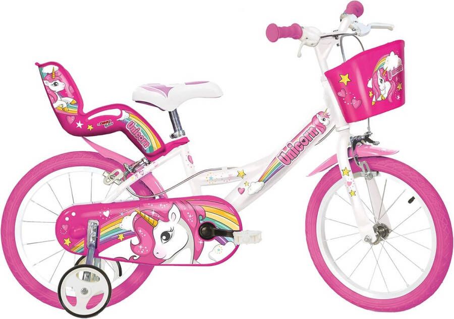 Kinderfiets Eenhoorn 16 Inch met Zijwieltjes en Mandje