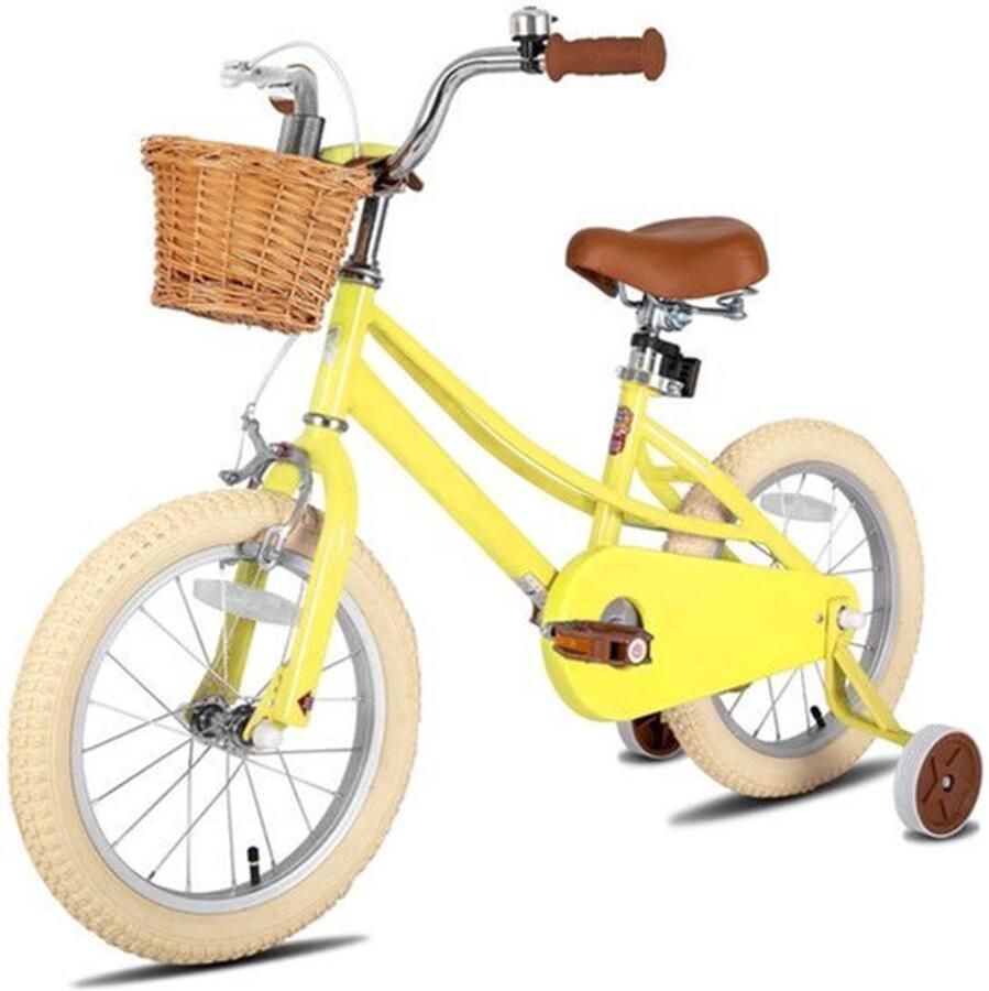 Kinderfiets Loopfiets Kleuterfiets Meisjesfiets met Trainingswiel Mandje Kickstand Bel Stalen Frame Retro Stijl Fiets voor 2-12 Jaar Geel 12inch