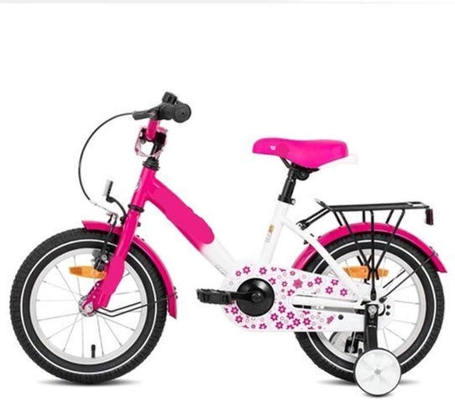 Kinderfiets Loopfiets Kleuterfiets met Zijwielen Inclusief Bel & Achterrek Leuke Fiets voor en van 2-7 Jaar 14inch Metaal Roze