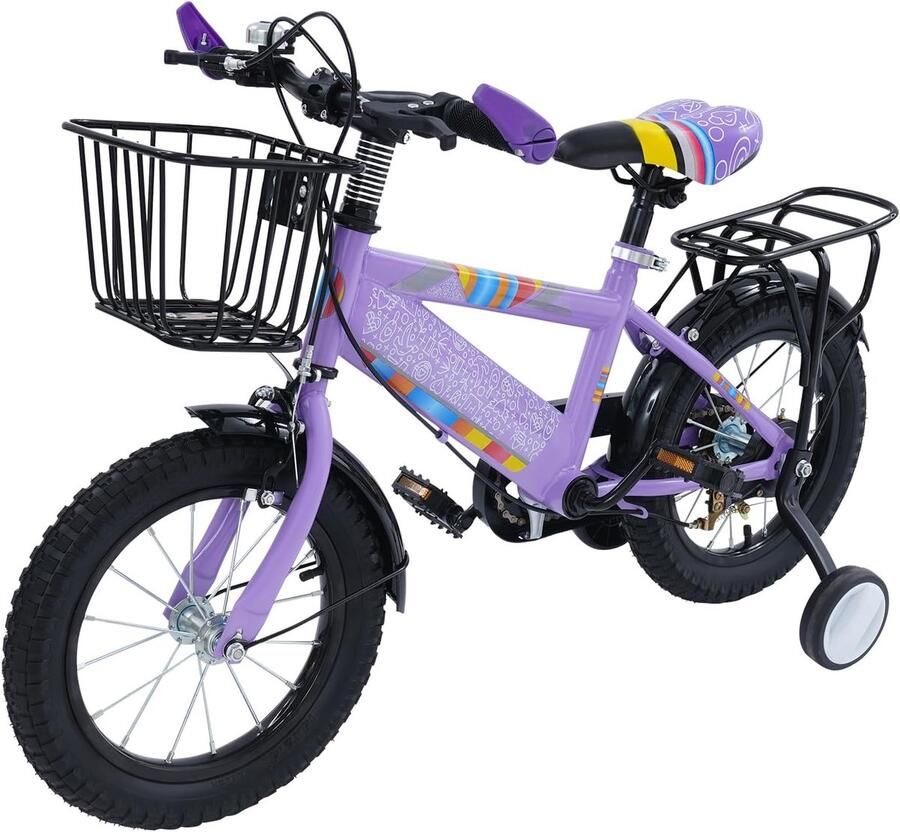 Kinderfiets Loopfiets met steunwielen Leren fietsen Verstelbaar zadel en gesloten kettingkast 14 inch Paars