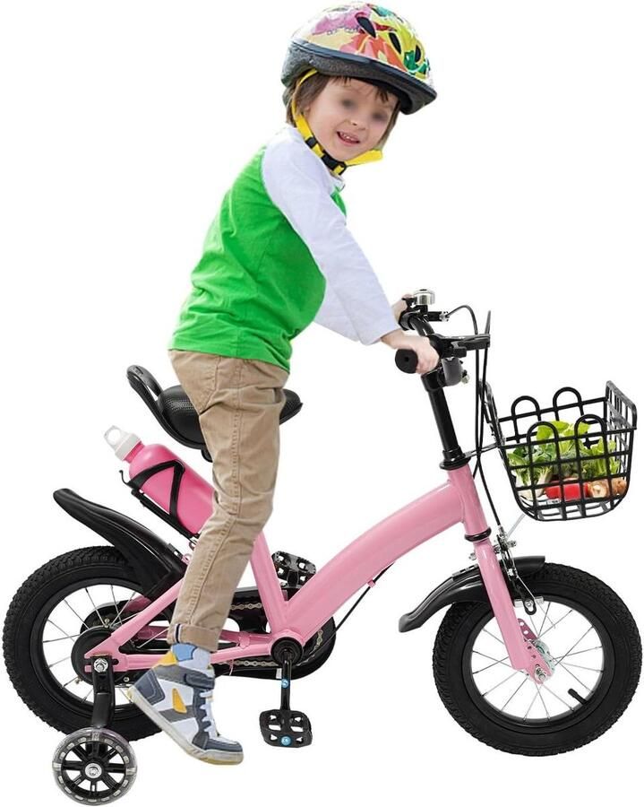 Kinderfiets Loopfiets met wielen Eerste fietservaring Verstelbaar stuur en zadel 12 inch Roze