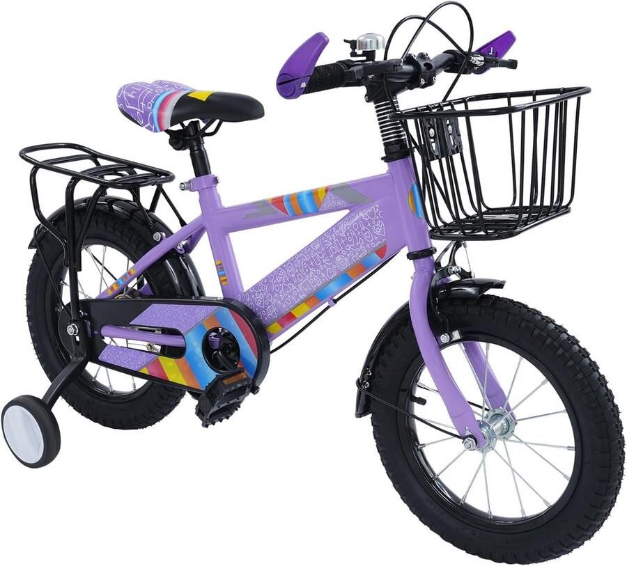 Kinderfiets Loopfiets met wielen Fietsen leren Met mand en steunwielen 14 inch Paars