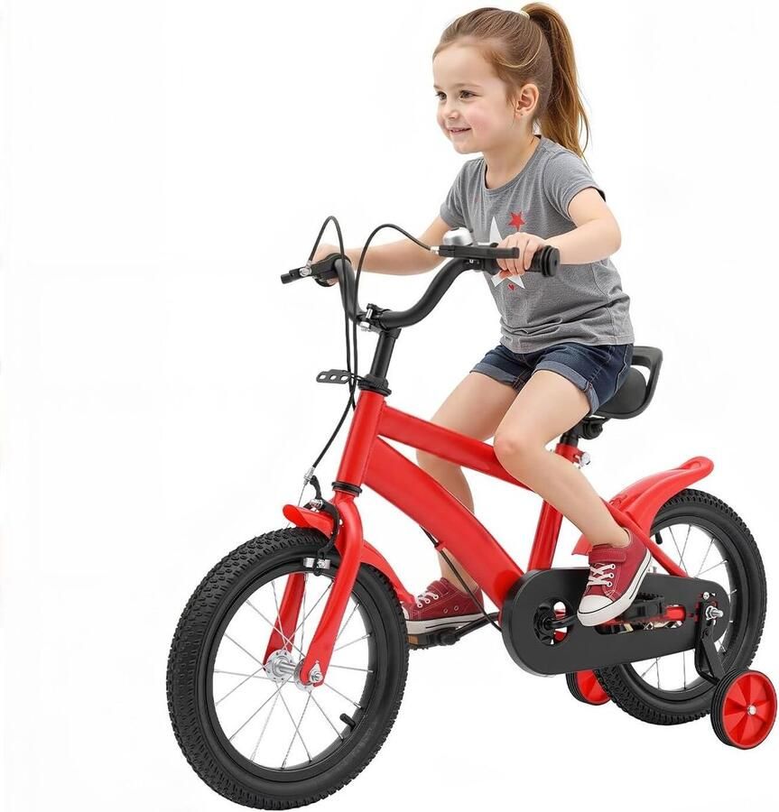 Kinderfiets 14 inch Loopfiets met steunwielen Leren fietsen In hoogte verstelbaar 14 inch Rood zwart