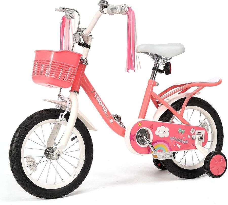 Kinderfiets Meisjes Loopfiets met Steunwielen Leren Fietsen Uniek Design met Mand 12 inch Roze
