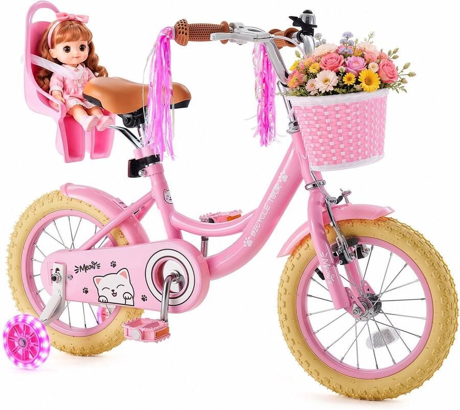 Kinderfiets Meisjesfiets 35 5 cm Voor 3-5 jaar Met zijwieltjes Dubbele remmen Verstelbaar zadel Poppenzitje en mandje Roze prinsessenstijl