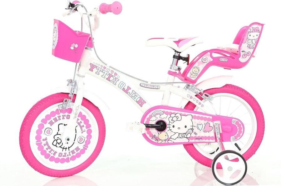 Kinderfiets Meisjesfiets Leren Fietsen Inclusief Mand en Poppenhouder 14 inch Wit en Roze
