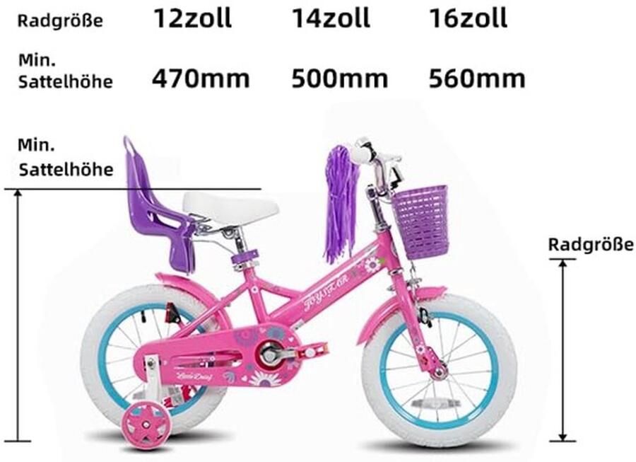 Kinderfiets met steunwielen 12 14 16 inch Meisjesfiets met poppenzitje en slingers