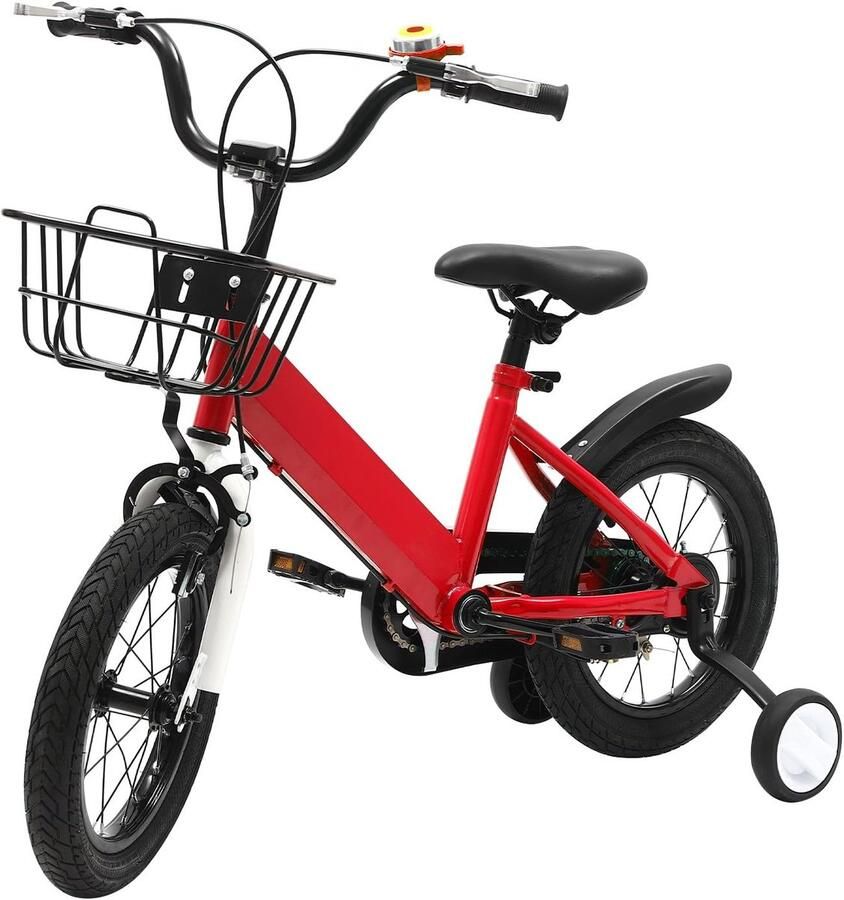 Kinderfiets met steunwielen Loopfiets Leren fietsen Dubbele remmen 14 inch Rood