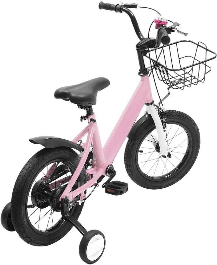 Kinderfiets met steunwielen Meisjesfiets leerfiets Leren fietsen In hoogte verstelbaar zadel 14 inch Roze