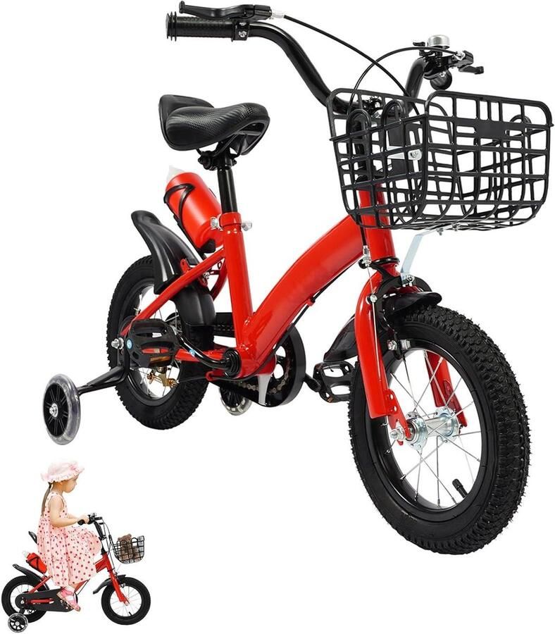 Kinderfiets met zijwielen Loopfiets Oefenfiets Leren fietsen Inclusief mand en bidon 12 inch Rood