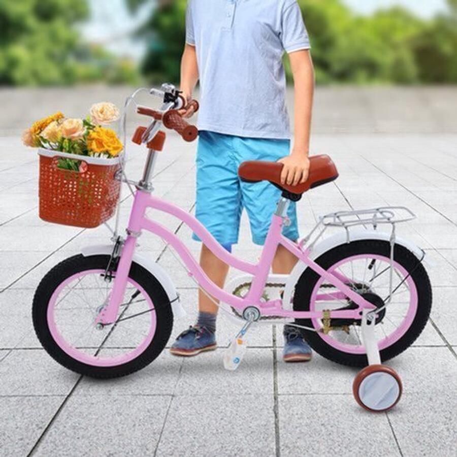 Kinderfiets Met Zijwieltjes 14 Inch Verstelbaar Roze Beige Voor Kinderen 3-7 Jaar - Foto 2