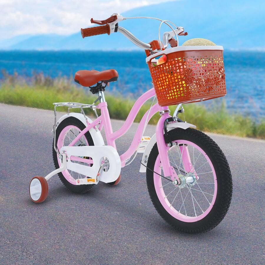 Kinderfiets Met Zijwieltjes 14 Inch Verstelbaar Roze Beige Voor Kinderen 3-7 Jaar