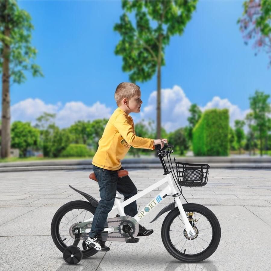Kinderfiets met zijwieltjes en mand in maten voor leeftijd 2 tot 8 jaar